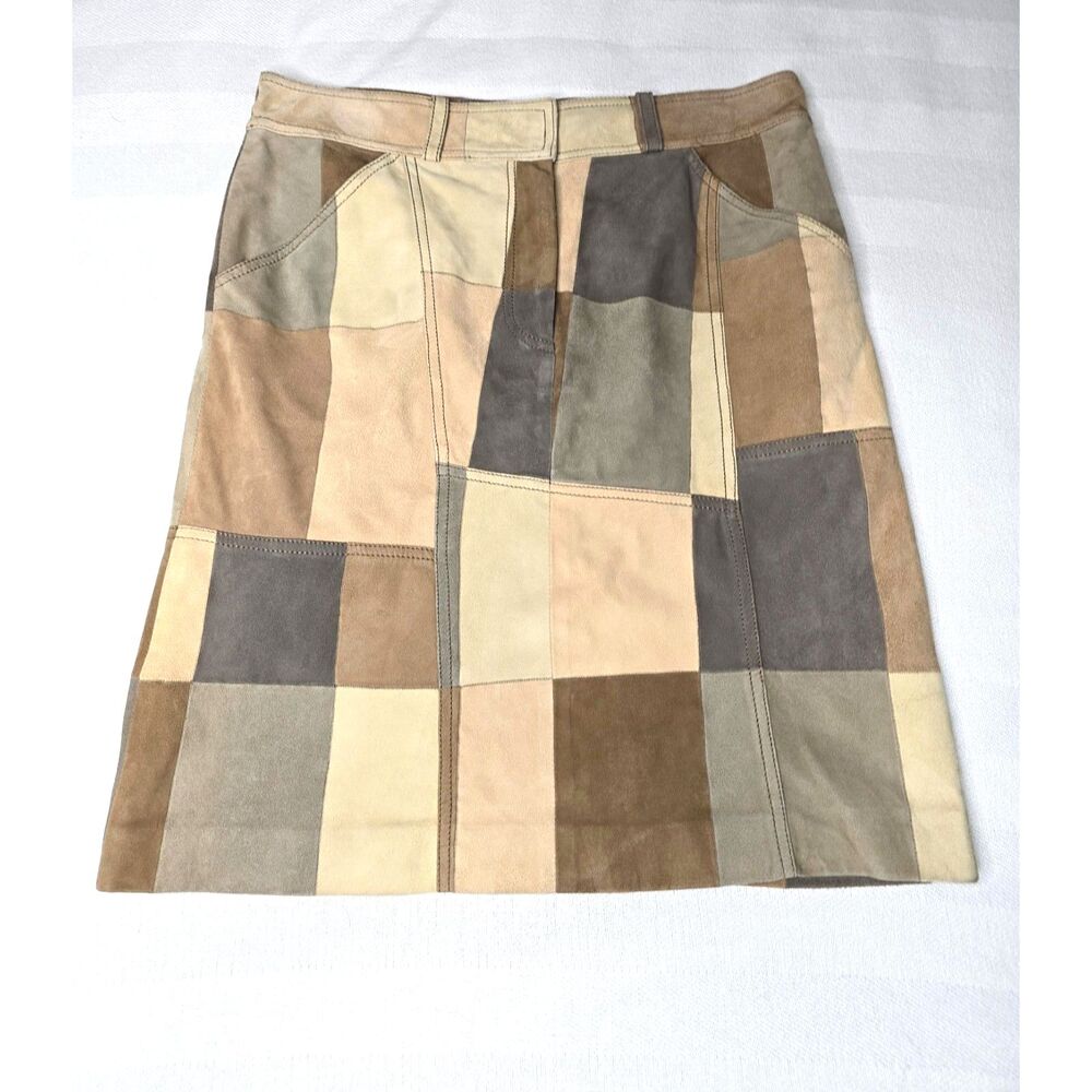 DKNY Suede Patchwork A-Line Skirt Size 8 Beige Tan Earth Tones 100% Leather